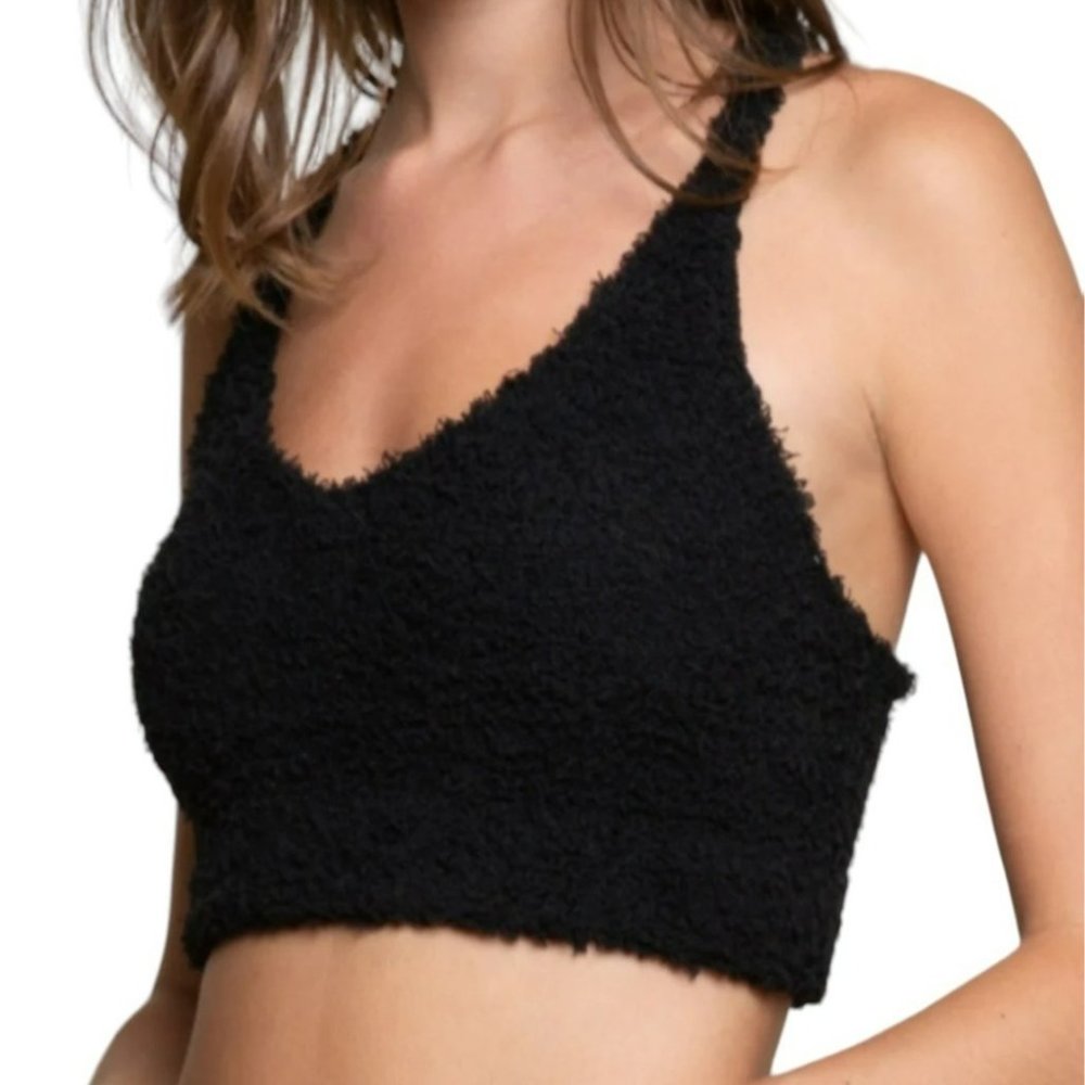 POL Criss Cross Back Fuzzy Bralette Black Size Medium NWT